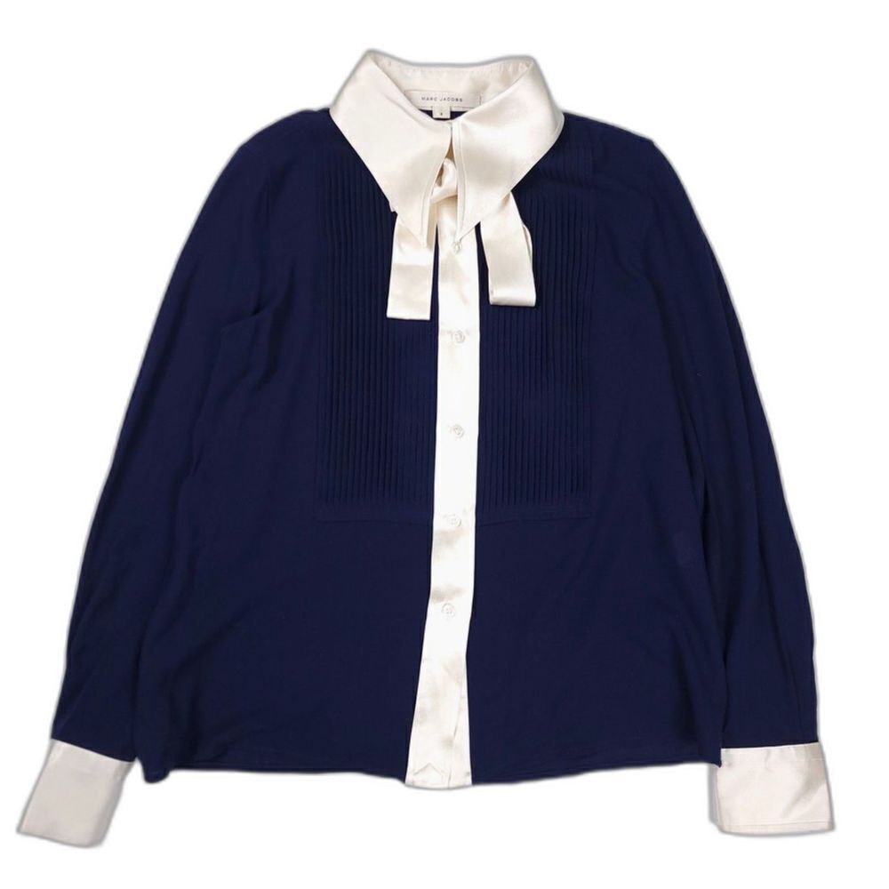 MARC JACOBS 100% Wool Pintuck Button Down Blouse Silk Satin PussyBow Navy 6